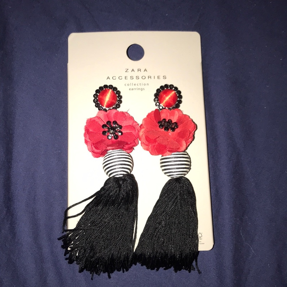 Red black and white flower earrings with fringe